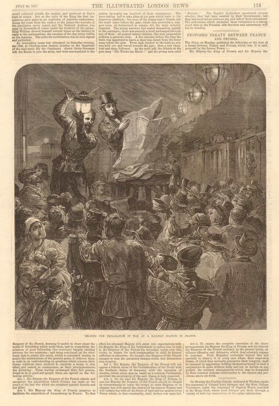 Declaration of war read at a French railway station. Franco-Prussian War 1870